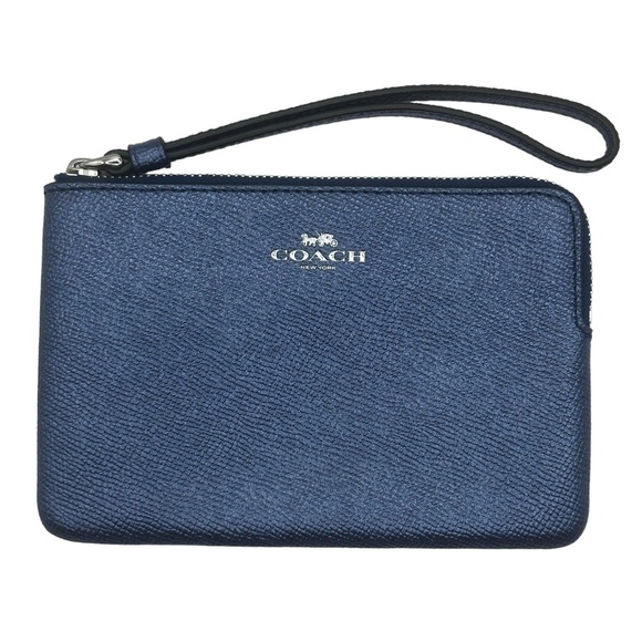 Coach Handbags - COACH Metallic Blue Corner Zip Wristlet NWOT